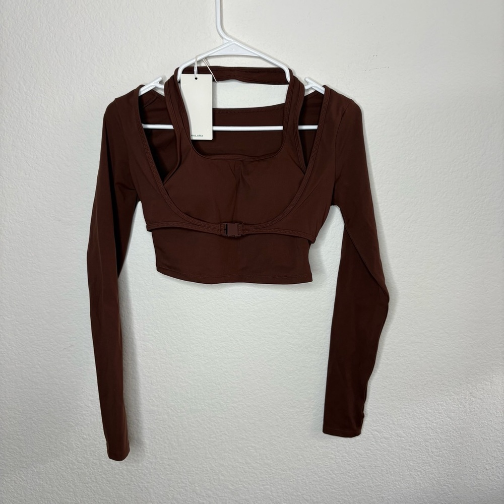 NWT Halara Plush Halter Thumb Hole Long Sleeve Cropped 2-in-1 Yoga Sports Top